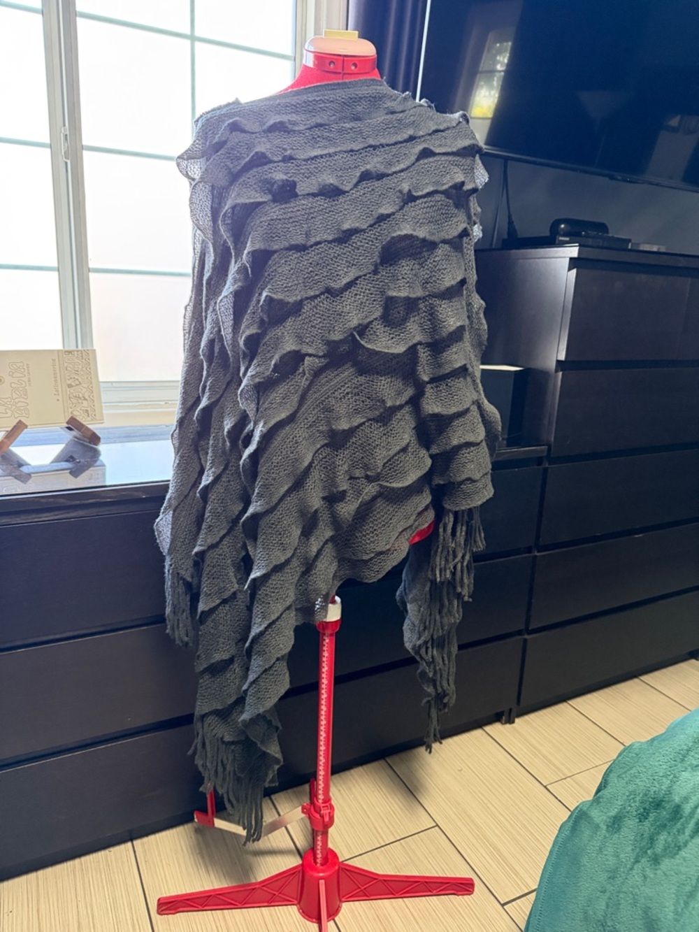 Max Edition Charcoal Ruffle Knit Poncho with Fringe